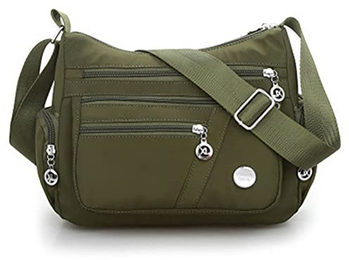 Wination Bolso de hombro de nailon, multibolsillos, de gran capacidad, casual, cruzado, para mujer, impermeable, de nailon, bolsa de mensajero, bolsa antirrobo, color verde militar, Verde militar,
