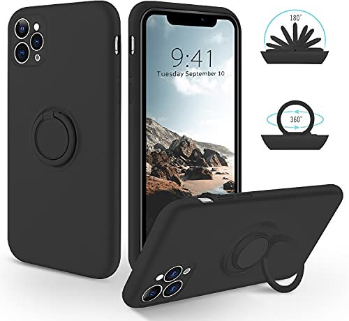 SouliGo for iPhone 11 Pro Max Case Silicone Gel 360° Ring Holder Kickstand Magnetic Car Mount Slim Soft Rubber Anti-Scratch Protective Shockproof Phone Cases for iPhone 11 Max 6.5 - Black