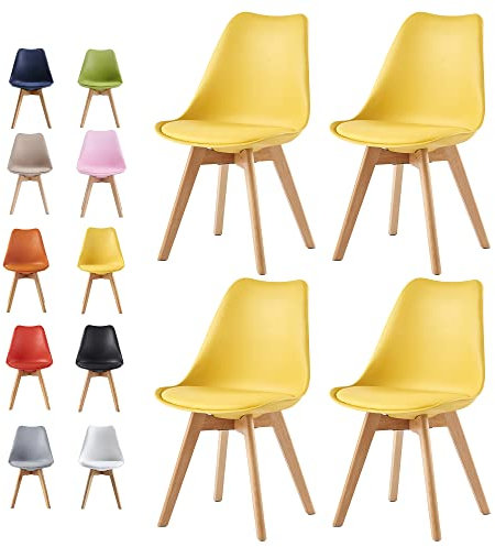 mcc direct Set of 4 Dining Chairs Wooden Legs Soft Cushion Pad Stylish DELUXE Retro Lounge Dining Office EVA (Yellow)