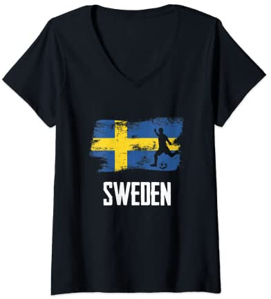 Damen Sweden Flag Jersey Swedish Soccer Team Swedish T-Shirt mit V-Ausschnitt