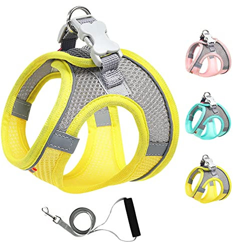 Mitili Mehrzweck Hundegeschirr mit Leine Set, Anti Zug Geschirr, Reflektierend Weich Gepolstert Hunde Geschirr, Air-Mesh Brustgeschirr für Kleine Mittlere Hunde, Haustiere, Katzen (Zitronengelb, M)