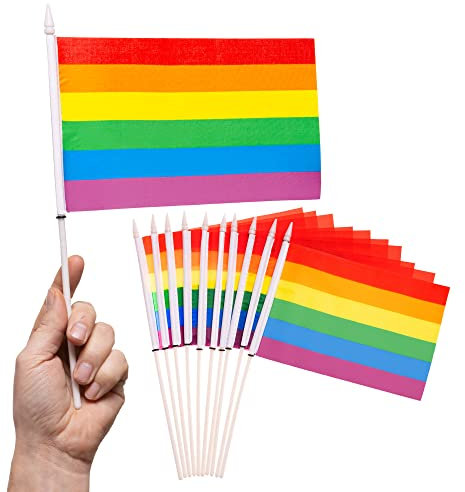 PHENO FLAGS Regenbogen Handflagge - 10 pro Set - Fahne 12x20 cm - mit 30cm Flaggenstab & 75 D Polyester Stoff - Die Tischflagge ist ein toller Hingucker für eine Abschieds- oder Mottoparty