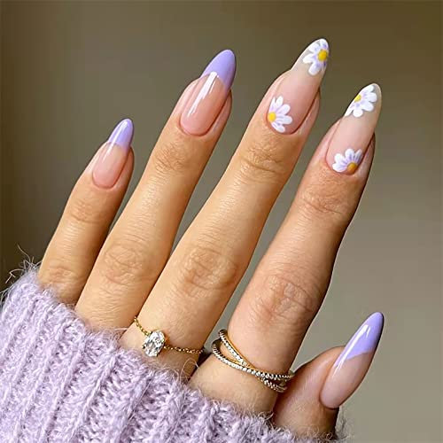Luvadeyo 24 uñas postizas medianas con pegamento de almendra, uñas postizas con diseños acrílicos para mujeres y niñas