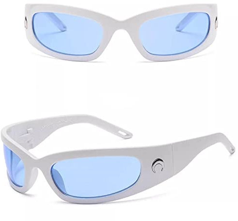 No Name Ltd Womens Wraparound Sunglasses Half Moon UV Protection Polarised for Men Women (White - Blue Lens)