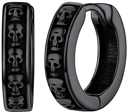 Silvora Totenkopf Ohrring Creolen S925 Silber Schädel Design Creolen Huggie Ohrstecker Unisex Punk Kleine Totenkopf Creolen Hoop Kreis in Schwarz für Herren Männer Junge