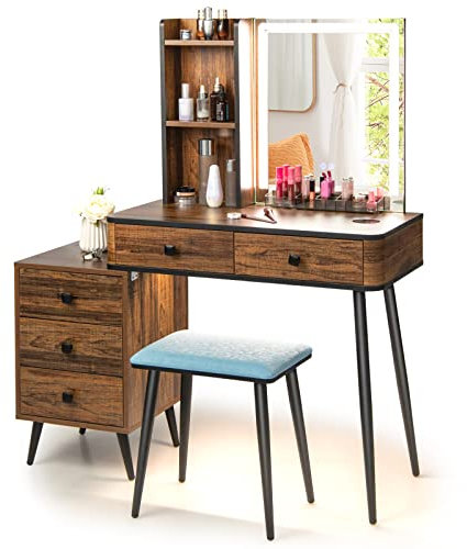 COSTWAY Dressing Table and Stool Set with 3-Color LED Lights Mirror, Drawers, Shelves & Charging Station, Detachable Makeup Vanity Table Set, Bedroom Cosmetics Dresser Gift (Brown, Rectangular Mirror)