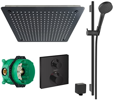 vanvilla Duschsystem mit Unterputz Duscharmatur von Hansgrohe und vanvilla Regendusche mit Armatur, Duschkopf eckig, Dusch-SET HGS41 schwarz matt beschichtet