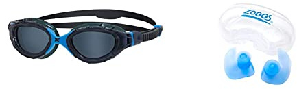 Zoggs Predator Flex Goggle, UV Protection Swim Goggles,Grey/Blue/Smoke Tint, small & Aqua Plugz, Ear Plugs for Swimming, Reusable Silicone Ear Plugs (packaging may vary)