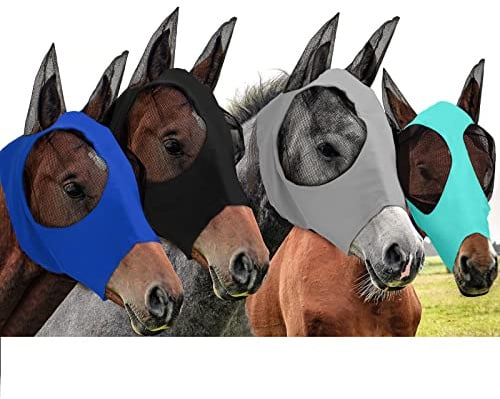 Frienda 4 Pcs Horse Fly Masks with Ears UV Protection Elastic Horse Mask Breathable Comfortable Fly Mask for Adult Horses, Protect from Summer Insect(Large,Black, Gray, Blue, Mint Green)