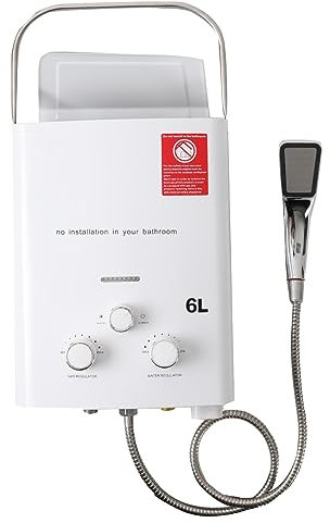 TABODD 6L Chauffe-eau à Gaz Propane, 12KW Chauffe-eau Instantané GPL Brûleur Portatif de Chauffe - eau Instantané sans Réservoir avec Kit Douche pour la Petit Camping Résidentiel, Blanc