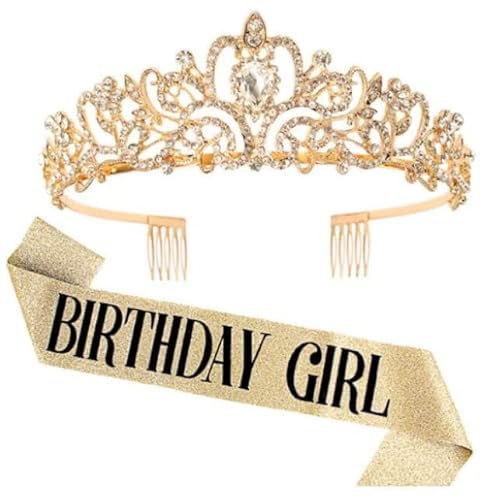 DRESHOW Geburtstag Krone und Schärpe für Damen Geburtstag Mädchen Schärpe & Strass Tiara Set Geburtstag Dekorationen Haarschmuck Glitter Schärpe für Party