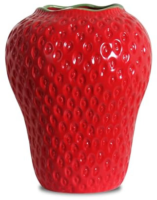 SANFERGE Strawberry Ceramic Flower Vase, Giant Decorative Cute Fruit Ornament Vase for Flower Arrangement, Unique for Modern Vintage Home Kitchen Office Decor Centerpiece, Large Red