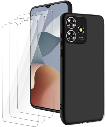 LYZXMY Hülle für ZTE Blade A73 4G(6.6) Schwarz Handyhülle + 3 Stück Gehärtetes Glas Schutzfolie, Case Weich Silikon TPU Schutzhülle Cover 9H Härte HD Gehärtetes Glasfolie Glas