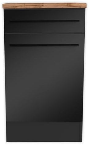 Jazz Moderner Küchenunterschrank in Schwarz matt, Lanzelot Eiche Optik - Geräumiger Unterschrank Küche mit viel Stauraum - 50 x 90 x 60 cm (B/H/T)