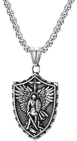 JewelryWe Erzengel Michael Halskette Herren: Edelstahl Religiöse Beschützer St Michael Schutzpatron Schild Anhänger Heiliger Michael Kette Medaillen Amulett Katholisch Schmuck für Männer