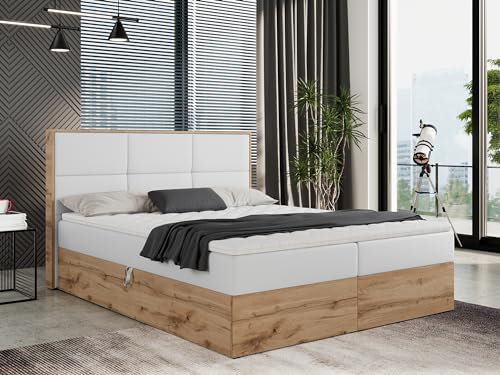 MKS MEBLE Boxspringbett 180x200 mit Bettkasten Eiche, Polsterbett 180x200 mit Matratze H3, Bett 180x200 mit Kopfteil, Bett mit Holzrahmen in Wotan Eiche - 180x200 - Weiß Kunstleder - Albero-2