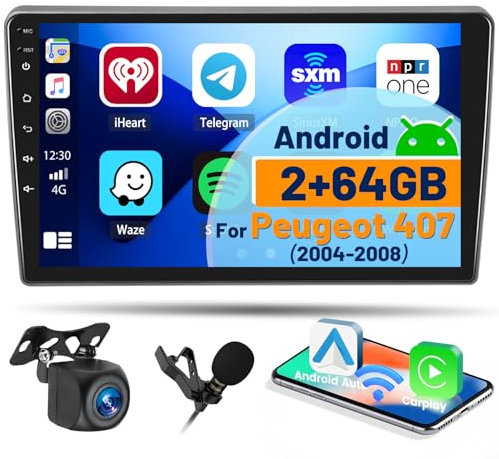 Hikity 2+64GB Android 13 Autoradio Doppel DIN für Peugeot 407 2004-2008 mit Wireless CarPlay Android Auto Mirror Link 9 Touchscreen Car Radio mit Navi WiFi SWC FM RDS USB Mic Rückfahrkamera