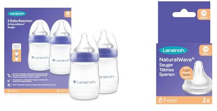 Lansinoh Babyflaschen mit NaturalWave Sauger Gr. S, 160 ml & NaturalWave Sauger, Gr. XS - extra langsamer Milchfluss - speziell für Neugeborene geeignet - ab 0 Monaten, 2 Stück