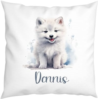 LIEBTASTISCH - Schnee Hund Kissen - Personalisiert mit Wunschnamen - Kinderkissen - Dekokissen - Tiere - Junge - Mädchen - Geschenk - 40cm x 40 cm Kissen mit Füllung.