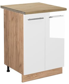 Vicco Küchenunterschrank Fame-Line, Weiß Hochglanz, 60 cm | MDF-Front · Arbeitsplatte Eiche · Höhenverst. Füße · Metallgriffe · Soft-Close
