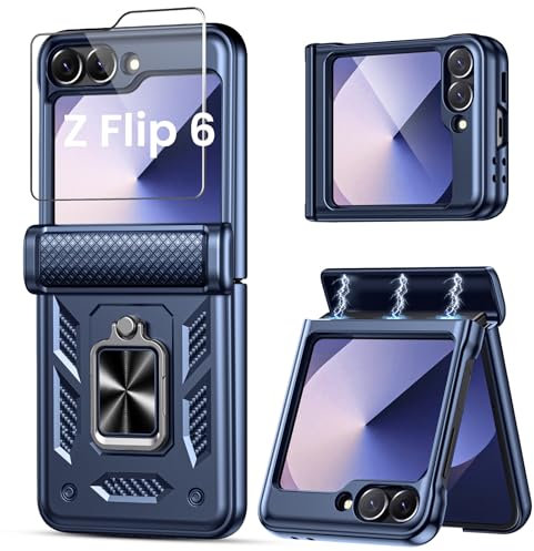 Lanhiem für Samsung Galaxy Z Flip 7 FE Hülle, für Samsung Galaxy Z Flip 6/5 Hülle mit Schutzfolie & Scharnierschutz, Magnetisch Ring Ständer Handyhülle, Stoßfest Kratzfest Schutzhülle Case, Blau