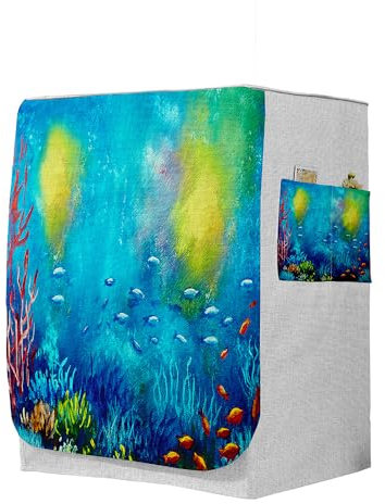 Highdi 3D Funda de Lavadora Cubierta, Secadoras de Carga Frontal Protector Exterior Cubierta a Prueba de Polvo (Capacidad L 10,5~12 kg,Peces de Aguas Profundas 7)