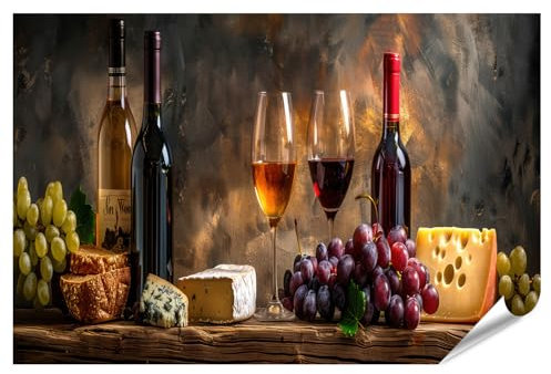 islandburner Prime XXL Bild Poster Rustikales Stillleben mit Weinflaschen Gläsern Trauben Käse Brot auf Holztisch Premium Bilder Fotodruck