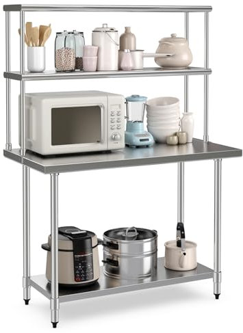 COSTWAY Arbeitstisch Edelstahl mit Aufsatzboard, Edelstahltisch mit Höhenverstellbarer Ablage, Küchentisch bis 617 kg, Zubereitungstisch Gastro Tisch, für Küche Restaurant, Silber (122x76x171cm)