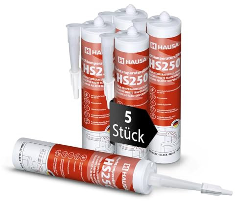 Hausa HS250 Profi Hochtemperatur Silikon schwarz 5 x 300ml Kartuschen Dichtmasse +305°C Dichtstoff zum Kleben Abdichten von Öfen Kochfeldern Motoren dauerelastisch Öl-, Benzin- & Hitzebeständig