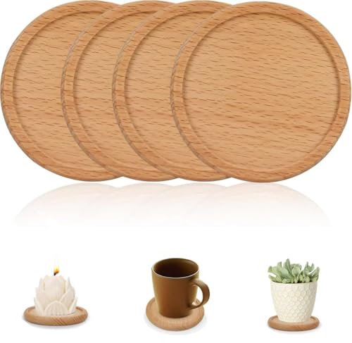 KATIMI 4 Stück 8,8cm Kerzenteller aus Buchenholz, Untersetzer Kerzenständer Holz, Natürliche Kerzenhalter Stumpenkerzen, Holzuntersetzer für Hochzeitskerze Taufkerze Tischdekoration Geschenk