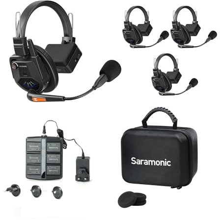 Saramonic WiTalk9-3S Système d'interphone sans fil duplex intégral pour 3 personnes 1,9 GHz avec casque à une oreille, portée de 500 m, extensible jusqu'à 30 utilisateurs, comprend 4 batteries,