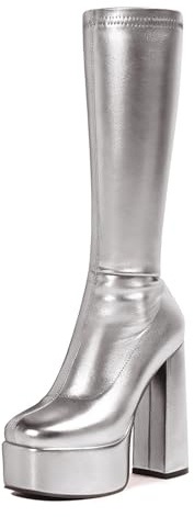 Stivali Alti Fino al Ginocchio con Plateau e Tacco Spesso e Punta Quadrata da Donna, Stivali Alti in Similpelle Slip-on, Stivali alla Moda Autunno Inverno a metà Polpaccio