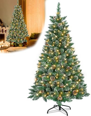 YRHome 210cm Künstlicher Weihnachtsbaum mit Beleuchtung Grün PVC mit Schnee-Effekt & Kiefernzapfen LED PVC Christbaum Tannenbaum Dekobaum mit ständer Weihnachtsdeko für Weihnachten Dekoration