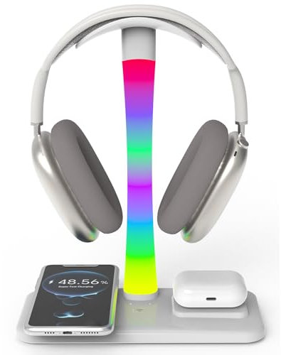 Supporto Per Cuffie con Caricabatterie Wireless,Supporto Per Cuffie Da Gioco con Luce RGB,Supporto Per Airpod Max Compatibile con Airpod Pro/3/2,iPhone 16/15/14/13/12/11,Regali per Uomini Do (Bianco)