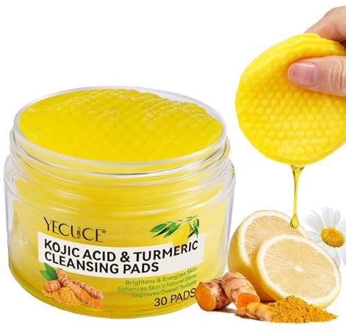 Kojic Acid and Turmeric Cleansing Pads, 30 PCS Exfoliating Pads Face Wipes, Face Pads Cleansing Cotton, Turmeric Pad - Exfoliator Pad, Acne Scars, Unclog Pores with Chamomile, Lemon