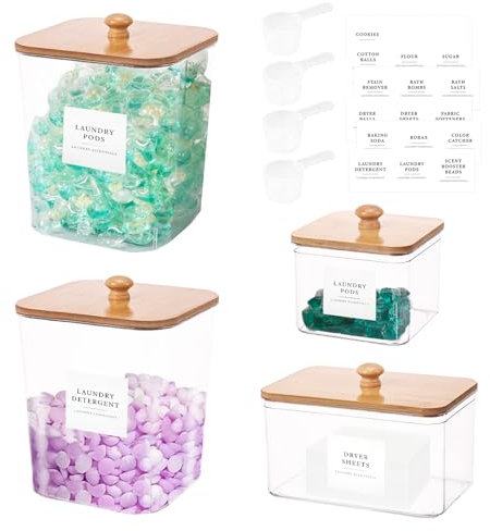 Lot de 4 boîtes à dosettes de linge, porte-feuilles et buanderie transparent avec couvercles, cuillères et étiquettes pour détergent à lessive, poudre, boules de séchage, perles (transparent)