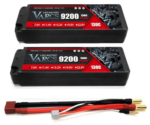 VARCS Batterie lipo 2s Haute Performance - 9200 mah, 5mm 130c décharge - Compatible avec losi,associated et Plus - Tension 7,6v lipo 2s, Dimensions compactes pour Une Utilisation optimale 2 Paquets