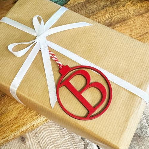 Luck and Luck Personalised Initial Tag, Custom Colours Wooden Festive Letter Inital Bauble, Christmas Wooden Letter Tree Decoration, Present Gift Tag