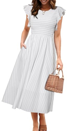 Simplee Gestreiftes Midi-Sommerkleid für Damen, gesmokt, Flatter, kurze Ärmel, fließendes Freizeitkleid mit Taschen