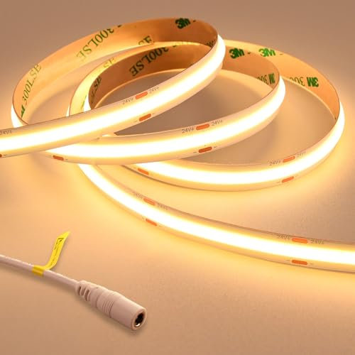 GOMING 24V Superhell COB LED Streifen Warmes Weiß 3000K 5M LED Strip 2050LM/M 14.5W/M 480LED/M LED Band Selbstklebend CRI 93+ IP20 Nicht Wasserdicht für Heim Deko(Netzteil nicht Enthalten)