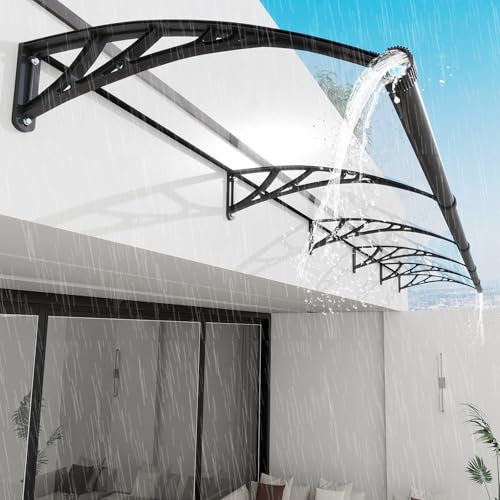 Auvent de Porte d'entrée avec Système de Drainage - 300x100cm Toit Marquise en Polycarbonate Abri de Pluie en Polycarbonate Anti-UV,Contre Neige et Vent,Support ABS