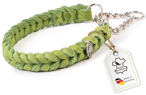 CopcoPet Fettleder Halsband 60–65cm x 25mm Apfelgrün – Geflochten mit Zugstopp-Kette – Robust & weich – Verchromte Kette – Lederhalsband für große Hunde, Training & Alltag