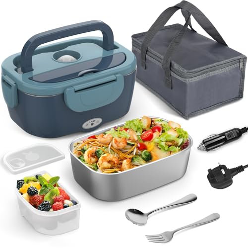 Electric Lunch Box 80W, 12V/24V/230V Upgraded Large 1.5L Heated Lunchbox Heating Food Warmer with Insulated Bag Fork Spoon 0.45L Fruit Container for Car Truck Office
