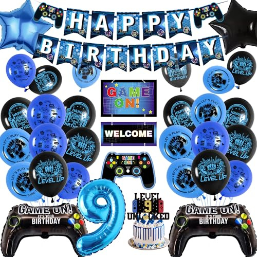 9th Birthday Banner Decorations Kids - Blue Gaming Party Decor Set with Controller Foil Balloons, Happy Birthday Banners Balloon Cake Topper for Boys 9 Years Old Party Supplies