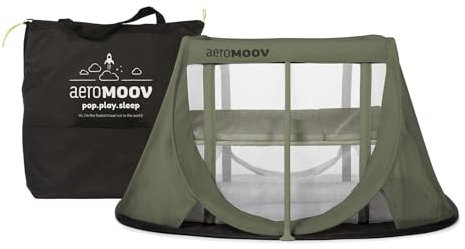 AeroMoov - Instant-Reisebett Baby - 2 Sekunden Aufbau - Superleicht und Kompakt - 2 Ebenen für Babys und Kleinkinder - Hochwertiger Matratze - Green Moss