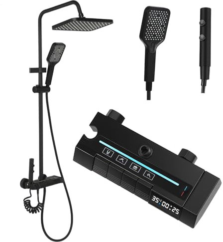 Duschsystem, 4 Strahlarten, Regendusche, Handbrause, Duscharmatur, Wasserhahn, Duschset mit LED-Digitalanzeige, höhenverstellbar, Edelstahl, schwarz