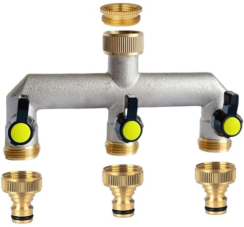 Brass Garden Hose Splitter, 1/2 inch and 3/4, 3 Way Tap Connector with On/Off Valves and Extended Handle, Hose Pipe Splitter Wide can Mounting Two Water Timer Meanwhile (3-Way)