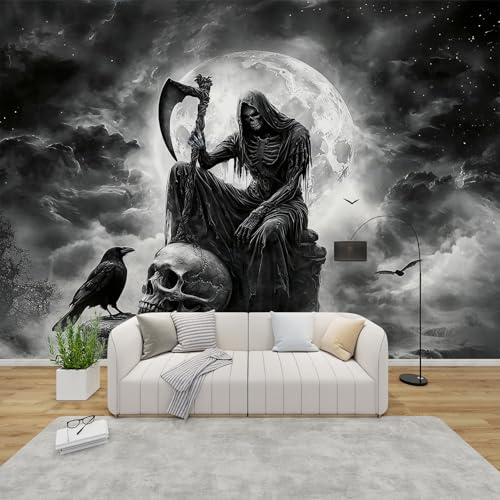 QEODAH 3D Tapete Gothic Schlafzimmer, Fototapete Sensenmann, Vliestapete Schwarz Grau, Tapeten Wohnzimmer Muster, Gothic Totenkopf Krähe Wand Deko Kinderzimmer, Wandtapete, Mustertapete 350x256 cm