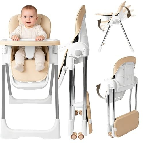 Chaise haute bébé pliante 4en1, 4 Positions d'Inclinaison, Hauteur réglable, Chaise haute enfant avec plateau amovible et roulettes, évolutive avec ceinture à 5 points, Beige