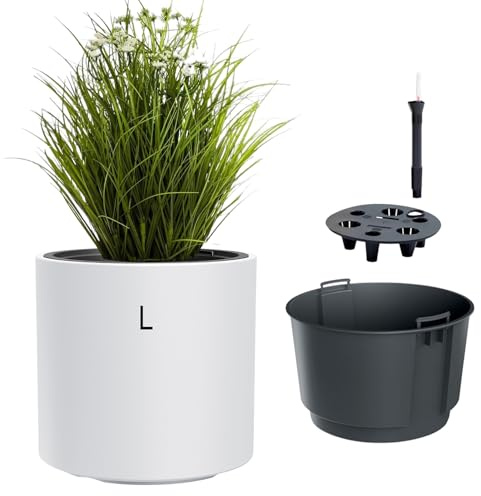 MELTOM Selbstbewässerungstopf Pflanzkübel L Ø29,5x28 cm Weiß | Pflanzkübel 19 L / Pflanzeinsatz 10 L mit Griffen, Wasserspeicher & Wasserstandsanzeige – UV-beständig, innen & außen
